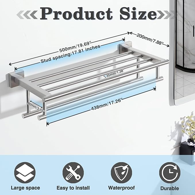 Alise Towel Rack,Towel Holder Towel Shelf with Double Towel Bars for Bathroom Lavatory,SUS 304 Stainless Steel Wall Mount Towel Hanger Storage,20 Inch Brushed Nickel,GZ8050-LS