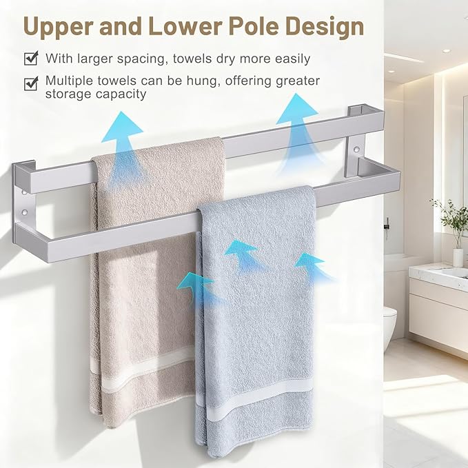 TNOMS Double Towel Bar,Towel Rack for Bathroom Stainless Steel Wall-Mounted Bathroom Hardware Accessories Brushed Nickel 24 Inch