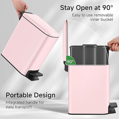 TIPGO Slim Bathroom Trash Can with Lid Soft Close, 6 Liter / 1.6 Gallon Stainless Steel Garbage with Removable Inner Bucket, Small Trash Bins for Bedroom, Office (Pink)