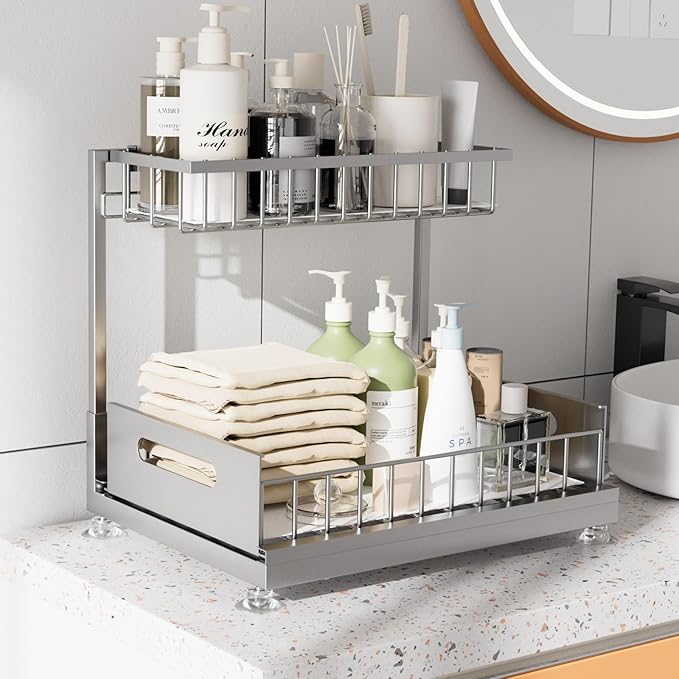 Under Sink Organizer Storage 2-Tier Premium Metal Pull-Out Racks, Height Adjustable, Heavy Dut and Easy Installation for Kitchen & Bathroom Organizers 2 Pack