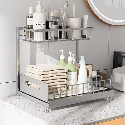 Under Sink Organizer Storage 2-Tier Premium Metal Pull-Out Racks, Height Adjustable, Heavy Dut and Easy Installation for Kitchen & Bathroom Organizers 2 Pack