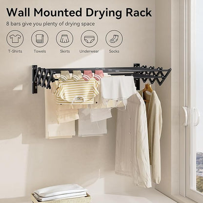 APEXCHASER Laundry Drying Rack Wall Mount - Towel Rack Collapsible, Accordion Clothes Drying Rack, Clothes Airer for Bathroom Balcony Laundry Room Wall Mounted, Drying Rack for Clothing, Black
