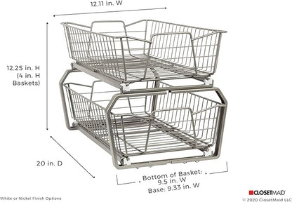 ClosetMaid 11 in. Pull Out Cabinet Organizer, 2 Tier, Heavy Duty, Slide Out Pantry Shelves Drawers for Kitchen, Bathroom, Nickel