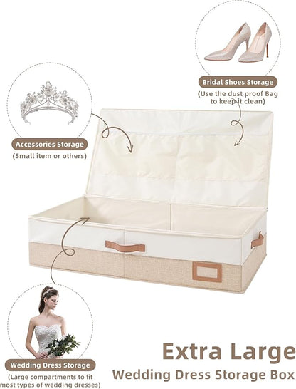 Coorganisers Wedding Dress Storage Box, Large Wedding Dress Preservation Box with 5 Cedar Wood Blocks, 30 Sheets of Acid-Free Tissue Paper, Microfiber Gloves, and Dust-Proof Bag-Beige&Linen Color