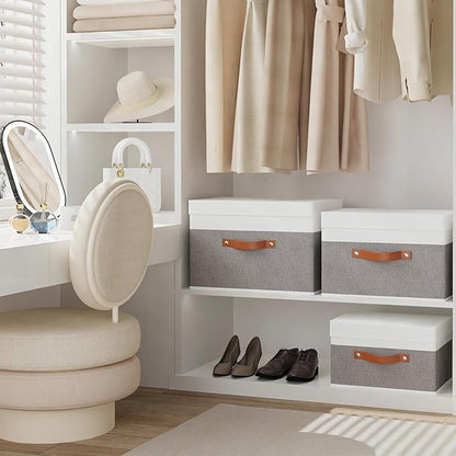 1 Pack Storage Bin with Lid, Collapsible Box, 15 x 9.8 x 9.8 Inch Storage Basket with Double Handles for Bedroom, White and Grey