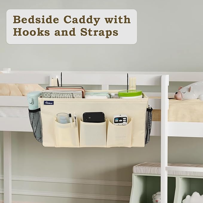 Surblue Bedside Organizer with Hook Caddy Hanging Storage Bag with Adjustable Straps and Water Bottle Holder for Home, College Dorm, Bunk Bed Accessories, Crib, Hospital Bed, Beige