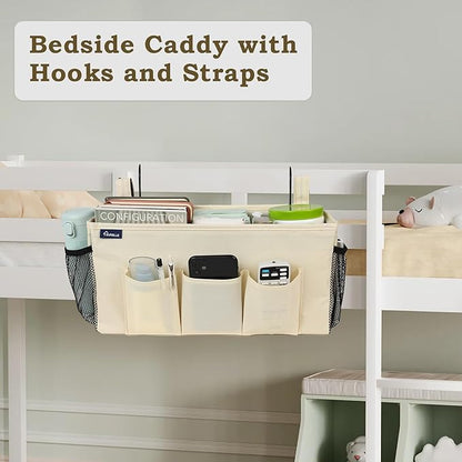 Surblue Bedside Organizer with Hook Caddy Hanging Storage Bag with Adjustable Straps and Water Bottle Holder for Home, College Dorm, Bunk Bed Accessories, Crib, Hospital Bed, Beige