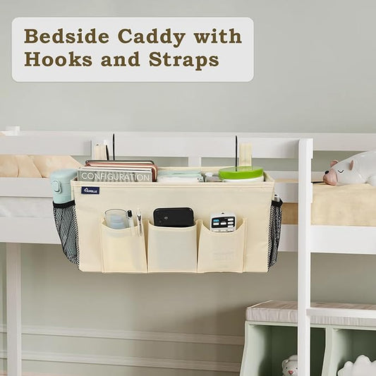 Surblue Bedside Organizer with Hook Bedside Caddy Hanging Storage Bag with Adjustable Strap and Water Bottle Holder for Home College Dorm Bunk Bed Accessories, Crib Bed Rail, Hospital Bed, Beige, 2PCS
