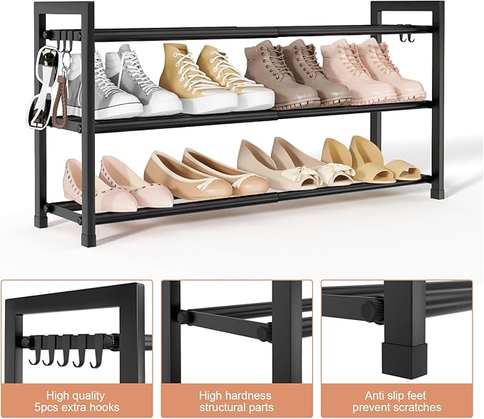 Adjustable 18"-33" Expandable Shoe Rack for Closet 12 Pairs Small Spaces 3 Tier Shoe Organizer with 5 Hooks Metal Shoe Shelf for Entryway, Bedroom