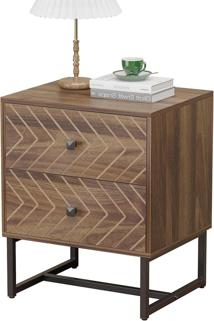 HOCAT Modern Nightstand with Two Storable Drawers,Sturdy Bedside Table Space-Saving Night Stand with Black Metal Legs for Bedroom,Walnut