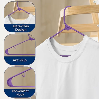 SereneLife 150-Piece Plastic Hangers Set Purple – Non-Slip, Heavy Duty Coat Hangers for Clothes, Space-Saving Durable Closet Organization with 5.5 lbs Weight Capacity Each
