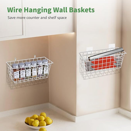 4PCS Hanging Wall Basket Wire Storage Baskets, White Wire Basket for Cabinet Door Organizer with 8 Hooks, Wall Mounted Shelf for Kitchen, Garage and Bathroom