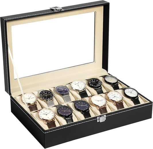 Uten Watch Organizer - 12 Slot PU Case with Glass Lid, Valentine's Day Gift, Watch Display Box with Removable Pillow, Metal Clasp