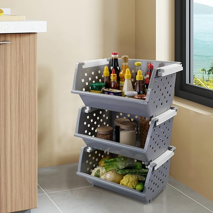 3 Pack Gray Large Stacking Basket Bin, Open Front Stackable Storage Baskets