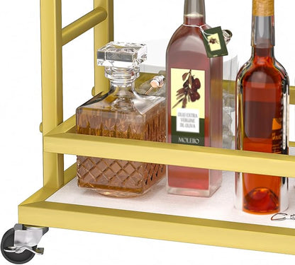 4 Tier Bar Cart with Wheels, Home Bar Serving Cart, Rolling Mini Wine Cart with Wine Rack and Glass Holder, Drink Cart for Dining Room, Living Room, Kitchen, Bar and Outdoor, Gold