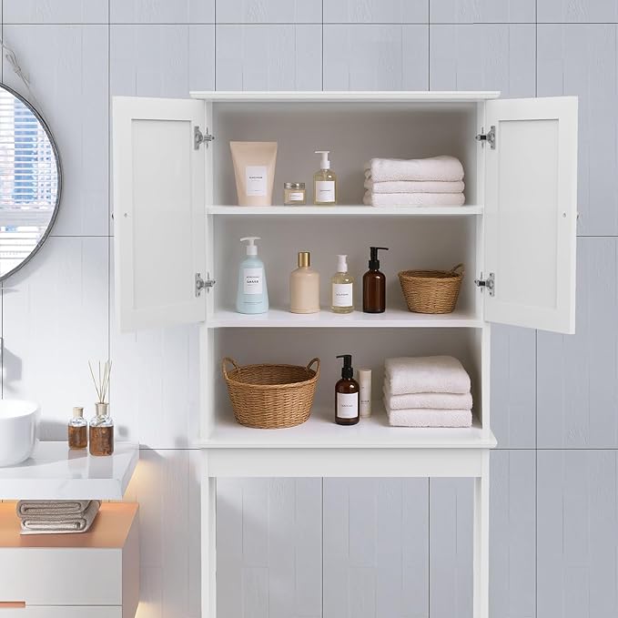 GORZING Over The Toilet Storage Cabinet, Behind Toilet Bathroom Organizer with Adjustable Shelves, Above Toilet Organizers with Barn Door, Space Saver for Restroom, Bathroom, Laundry
