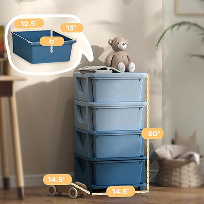 Qaba 4 Tier Kids Storage Unit, Toy Organizers and Storage with 4 Drawer Chest for Kids Bedroom Nursery Kindergarten Living Room for Boys Girls Toddlers, Blue