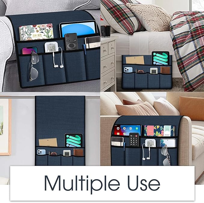 Joywell Remote Holder for Recliner Armchair Caddy Couch Armrest Non Slip Sofa Arm Chair Caddie with 6 Pocket for Magazine, Tablet, Phone, iPad, Think Linen, Vintage Blue