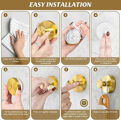 BKV Suction Cup Hooks for Glass Window,Removable Shower Hooks for Inside Shower,Metal Towel Hooks for Bathrooms,2 Pack(Gold)