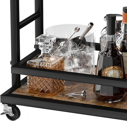 4 Tier Bar Cart for Home with Wheels,Home Bar Serving Cart, Rolling Mini Wine Cart with Wine Rack and Glass Holder, Drink Cart for Dining Room, Living Room, Kitchen, Bar and Outdoor, Rustic Brown