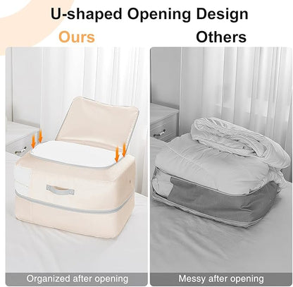 Easortm Comforter Storage Bag - 110L Large Capacity Blanket Storage Bags 2-Layer Ultra Space Saving Self Compression Organizer, Washable Compression Bags for Storage Comforter Blanket, 6-Pack, Beige