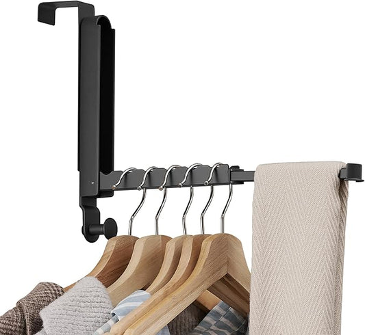 RFOUO Clothes Drying Rack Foldable Fit Door up to 1 3/8" Optimal 1pc,Over The Door Hanger with Retractable Rod,Over The Door Hanger Hooks for Laundry Bathroom Bedroom Travel Hangers(Black, 1 Pack)