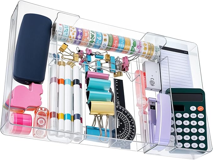 Oqqlin Expandable Acrylic Drawer Organizer, Clear Desk Drawer Organizers Tray with 8 Adjustable Compartments Multifunctional Desk Accessories for Vanity, Office, Kitchen, Bathroom