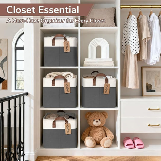 CHICVITA 4 Pack Large Storage Baskets for Shelves, Collapsible Closet Organizer Bins with Handles, Decorative Shelf Baskets for Bedroom Living Room, 16.8" x 11" x 9.8", Gray & White