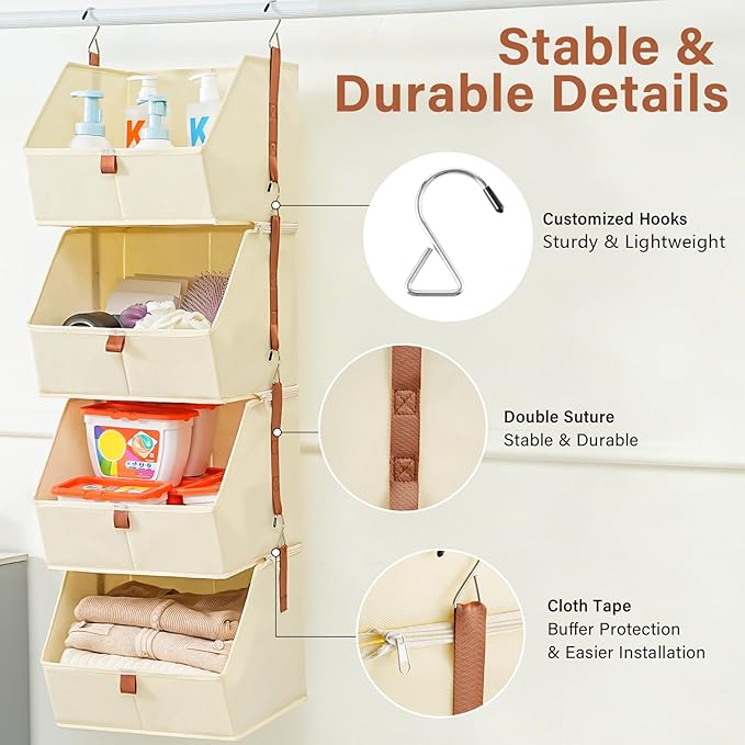 4 Tier Hanging Closet Organizer,Disassemblable Clothes Hanging Shelves,Fabric Closet Organizer System for Space-Saving,Foldable Storage Basket for Bedroom, Rv (2 Pack,Beige)