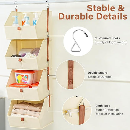 4 Tier Hanging Closet Organizer,Disassemblable Clothes Hanging Shelves,Fabric Closet Organizer System for Space-Saving,Foldable Storage Basket for Bedroom, Rv (2 Pack,Beige)