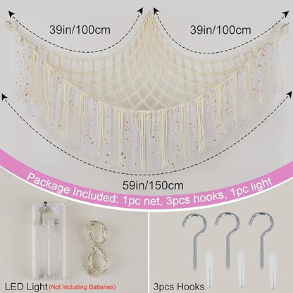 FIOBEE Stuffed Animals Net or Hammock with LED Light, Toy Hammock Hanging Stuffed Animals Storage Organizer Holder Room Décor for Nursery Kids Bedroom