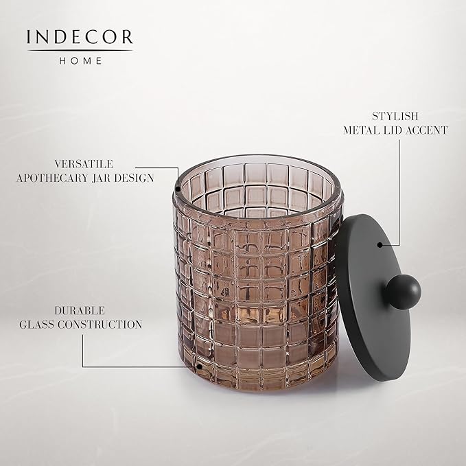 Indecor Home Amber Colored Tranlucent Apothecary Etched Geometric Grid Glass Jar W/Matte Black Metal Lid for Bathroom Organization, Cotton Balls, Q Tips, and Small Accessories, Bathroom Storage