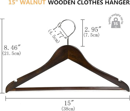 Amber Home 20 Pack 15" Walnut Wooden Clothes Hangers for Women, Teenagers - Solid Wood Dress Coat Hangers With Non-Slip Pants Bar
