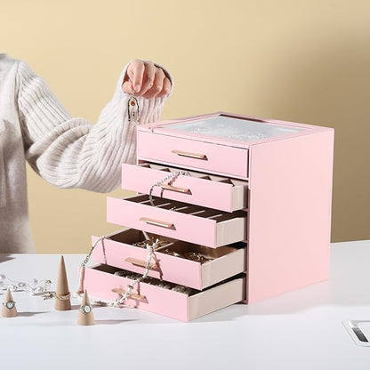 Frebeauty Clear Lid Jewelry Box,5-Layer Jewelry Organizer with Drawer,PU Leather Jewelry Organizers and Storage,Jewelry Boxes for Women,Jewelry Storage for Rings Earring Stud,Gift for Women(Pink)
