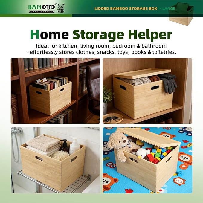 Large 14.6”x10.2”x9.6” Lidded Bamboo Storage Bins - Stackable with Handles, Box/Cube/Basket for Home Kitchen Office, Organize Tableware Toys Crafts Books