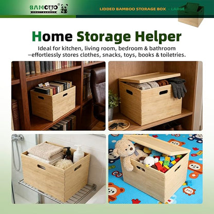 Large 14.6”x10.2”x9.6” Lidded Bamboo Storage Bins - Stackable with Handles, Box/Cube/Basket for Home Kitchen Office, Organize Tableware Toys Crafts Books