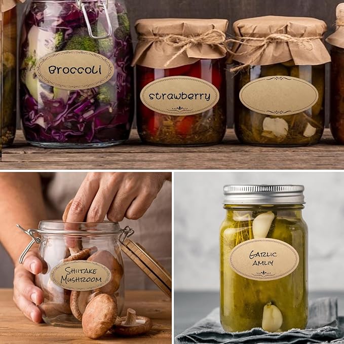 500 Pcs Mason Jar Labels, 2.5 Inch Oval Kraft Paper Sticker Labels for Canning, Food Storage, Pantry & Spice Jars, Gift Stickers, Waterproof, 4 Vintage Designs