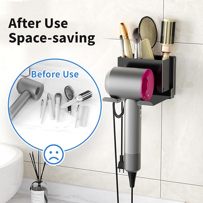 MAYZOLOP Hair Dryer Holder Wall Mounted, Hair Tools Organizer, Bathroom Space-Saving Blow Dryer Organizer Curling Irons Storage Wall Mounted Black (Self-Adhesive and Drilling)