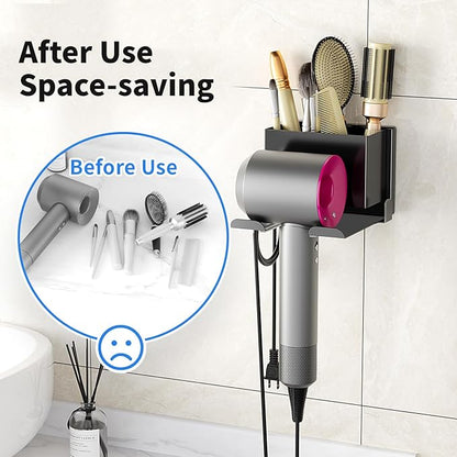 MAYZOLOP Hair Dryer Holder Wall Mounted, Hair Tools Organizer, Bathroom Space-Saving Blow Dryer Organizer Curling Irons Storage Wall Mounted Black (Self-Adhesive and Drilling)
