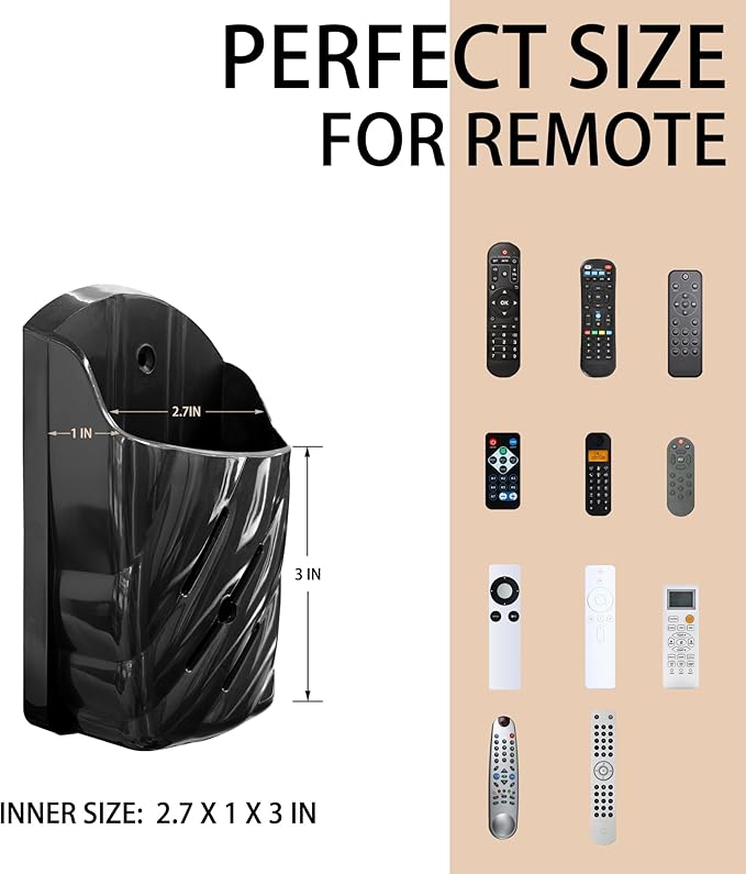 Remote Control Holder Wall Mount 4Pcs Stylish Organizer ABS Plastic Storage Box for TV AC Fan Remotes, No-Drill Adhesive or Screw Installation for Bedroom Headboard Office (Black)