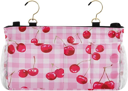 CuwrYet Bedside Caddy Hanging Bunk Bed Caddy Bed Organizer Hanging Pocket with 2 Hooks Bedside Storage Organizer Pocket Bag Holder Pink Juicy Checkered Cherry