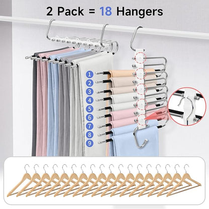 SAN LIKE 2 Pack 9 Layers Pants Hangers Space-Saving Stainless Steel Closet Hangers 20pcs Fixed Clips Non-Slip Multi-Functional Pants Rack Two Hanging Modes for Trousers Jeans Leggings Scarf Skirts