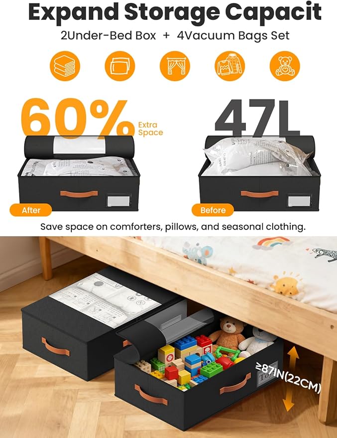 TOSKING Under Bed Storage with Wheels 2 Pack, 4 Vacuum Bags Included, 7.9" Rolling Underbed Bins, Durable Oxford Fabric, 80lbs Heavy Duty Drawer Organizer for Clothes, Shoes, Toys, Black