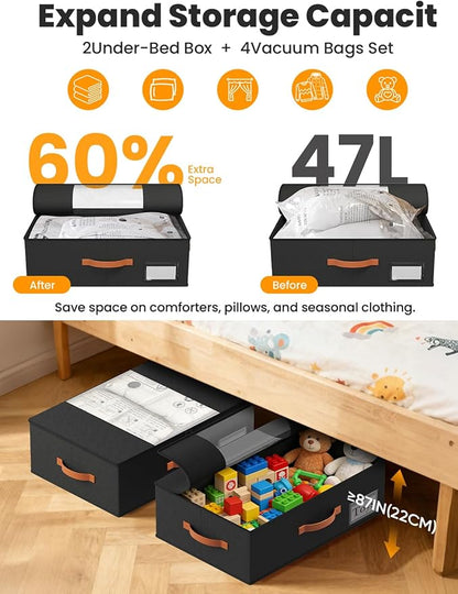 TOSKING Under Bed Storage with Wheels 2 Pack, 4 Vacuum Bags Included, 7.9" Rolling Underbed Bins, Durable Oxford Fabric, 80lbs Heavy Duty Drawer Organizer for Clothes, Shoes, Toys, Black