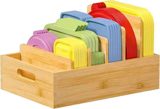 Kiasthome Bamboo Lid Organizers Inside Cabine, Kitchen Cabinet Organizer with 5 Adjustable Dividers, Food Container Plastic Holders for Drawer Pantry, Nature