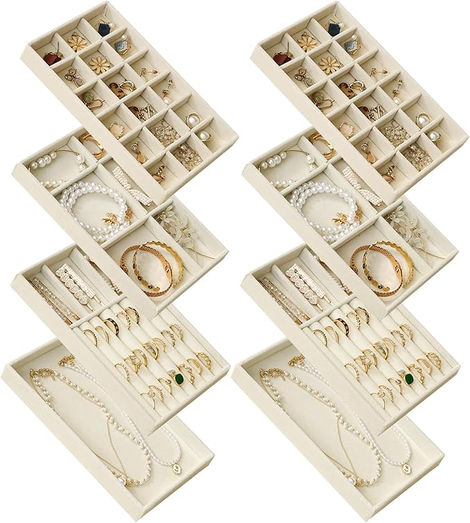 SPAKOWN Jewelry Drawer Organizer Inserts Set of 8, Small Stackable Jewelry Tray with Removable Dividers for Earrings Necklaces Rings Bracelets (Beige)