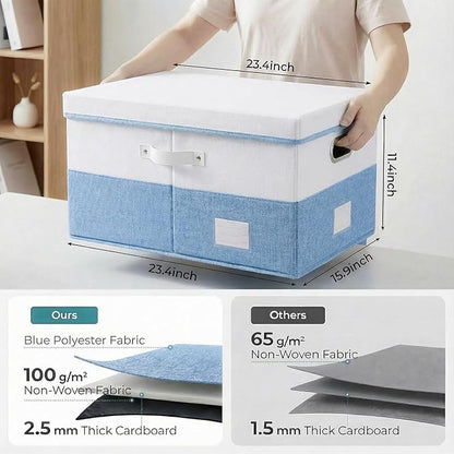 PRANDOM Collapsible Storage Bins with Lids [3-Pack] Linen Fabric Foldable Storage Boxes Organizer Containers Baskets Cubes with Cover for Bedroom Closet Nursery Blue&White (23.4X15.9X11.4)