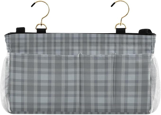 CuwrYet Bedside Caddy Hanging Bunk Bed Caddy Bed Organizer Hanging Pocket with 2 Hooks Bedside Storage Organizer Pocket Bag Holder Grey Plaid