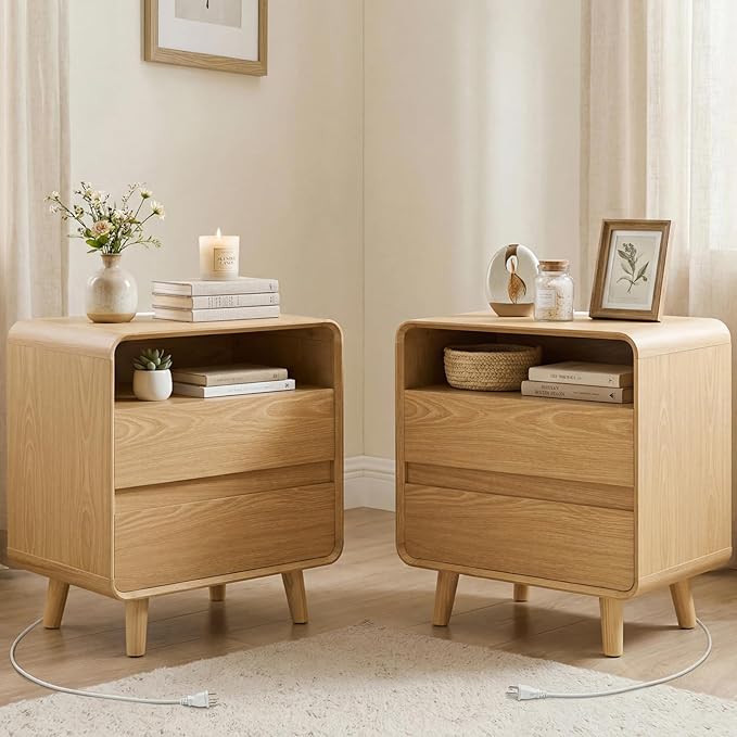 Nasonet Night Stand with Charger Station, Mid Century Modern Nightstands Set of 2, Wood Bedside Table for Bedroom, Curved Beveled Design, Oak
