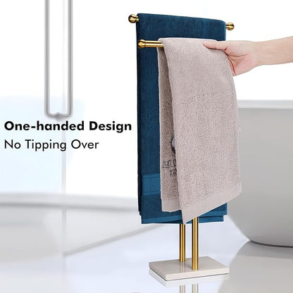 Standing Towel Rack Double-T Shape Tall Bath Towel Sheet Holder with Marble Design Base for Bathroom 2 Tier Towel Holder Stand Stainless Steel (Brushed Gold)